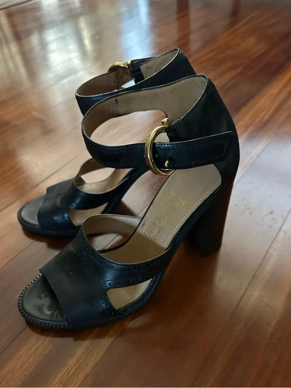 Salvatore Ferragamo Black Suede Platform Sandals with Gold Buckles